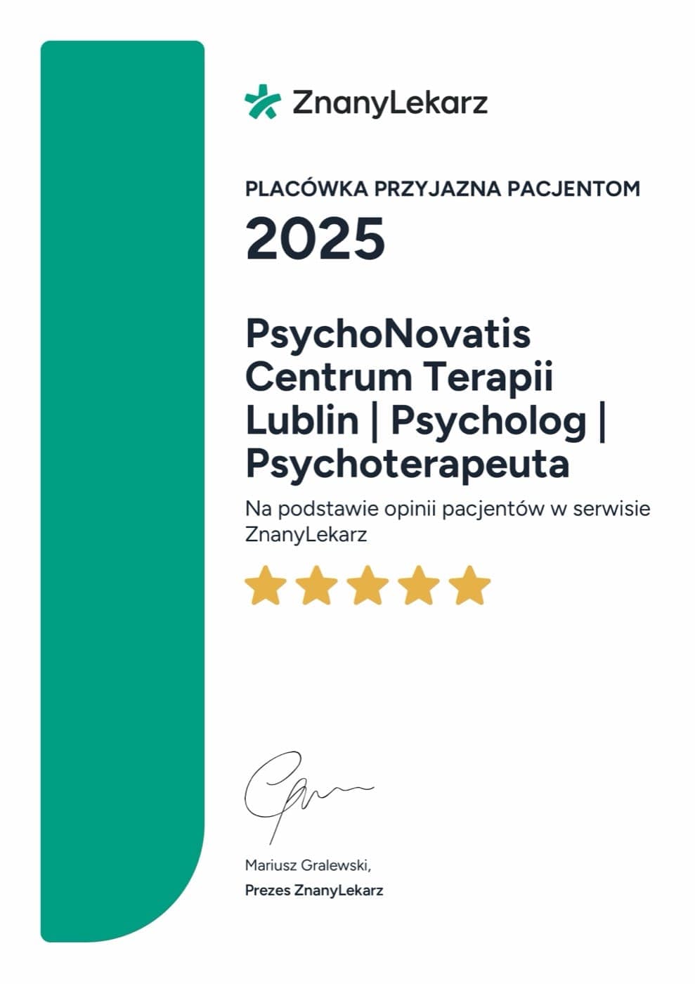 Placówka Przyjazna Pacjentom 2025 – ZnanyLekarz – na podstawie opinii pacjentów